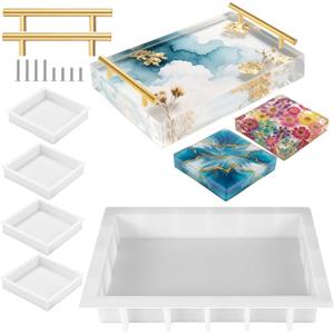 Large Silicone Tray Molds for Resins, 13.5"X9.5" Resin Tray Molds with 4pcs Coasters Mold and Gold Handles, Deep Rectangle Trays Resin Mold for DIY Art Home Decoration