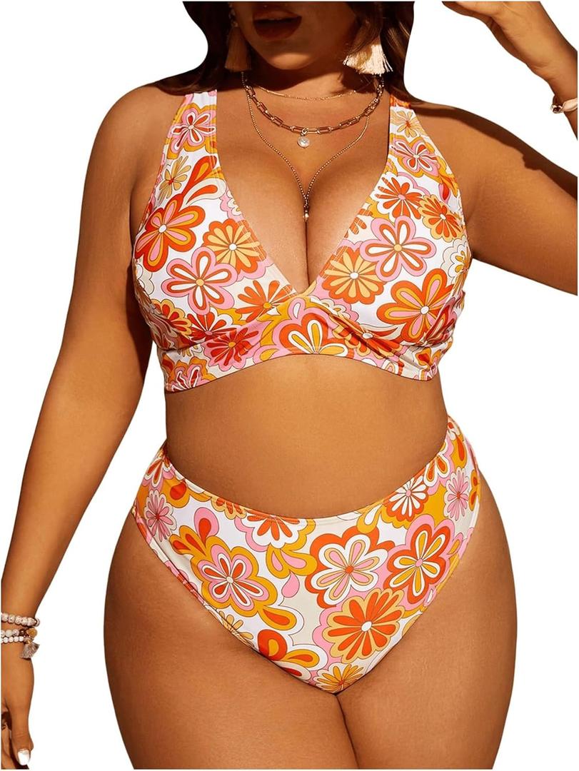 SOLY HUX Women's Plus Size Swimsuit Floral Print High Waisted Bikini Sets Two Piece Bathing Suits Multicoloured Floral 3XL