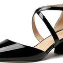 MODENCOCO Women's Patent Buckle Pointed Toe Block Cross Strap Solid Chunky Low Heel Pumps Shoes 2 Inch (8.5, Black)