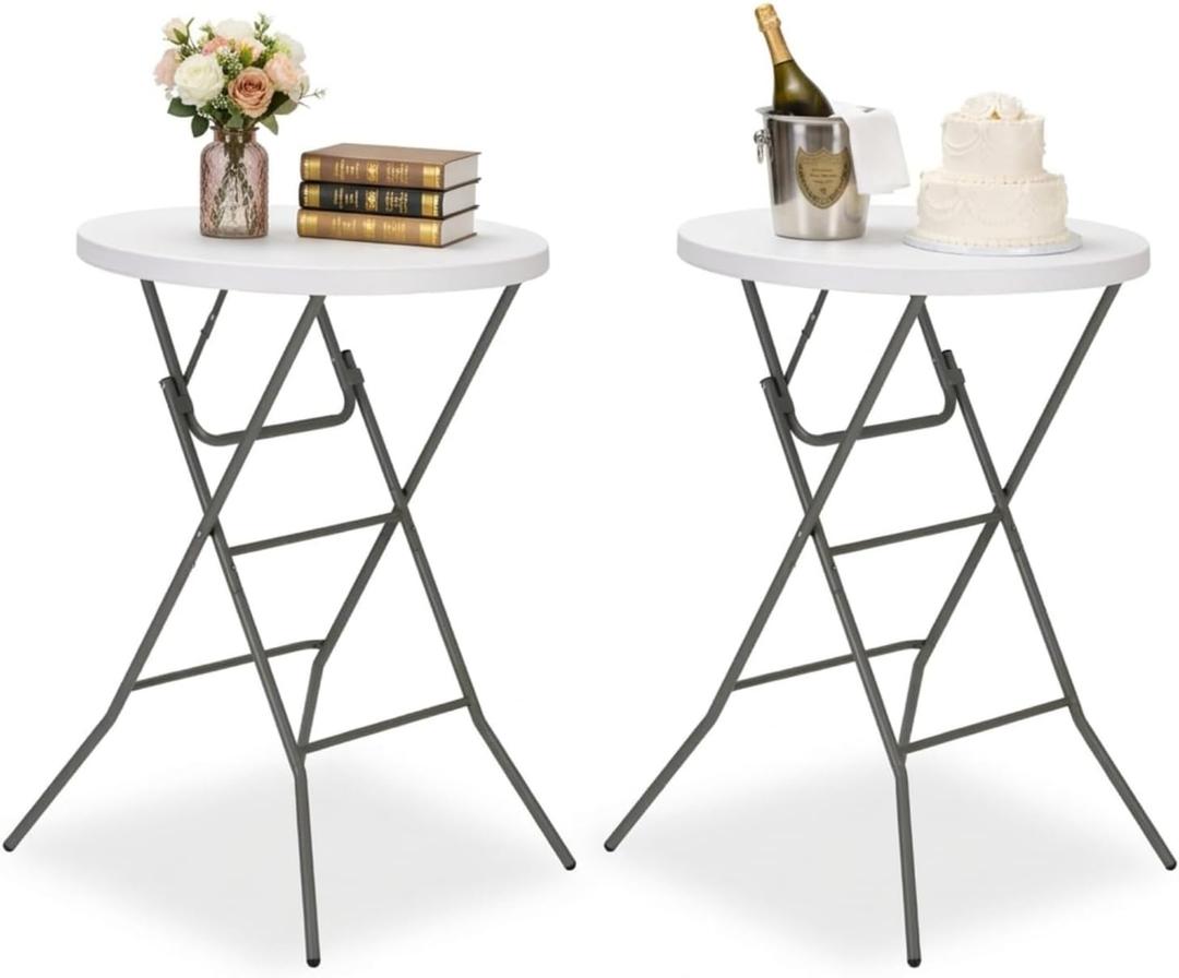 32" Round Folding Table, Portable Bar Height Folding Table with Detachable Legs, Round Foldable Table with HDPE Top for Standing Parties, Balcony, Event, Indoor Outdoor Use (White, 2 Pack)