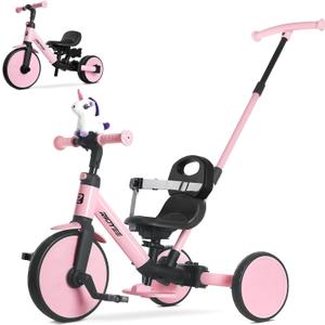 5-in-1 Kids Tricycle for Toddlers 1.5-3, Tool-Free Convertible Kids Push Trike to Balance Bike, Safety Belt, Removable Backrest and Footrest, Ride-On Toy for Boys & Girls, Pink