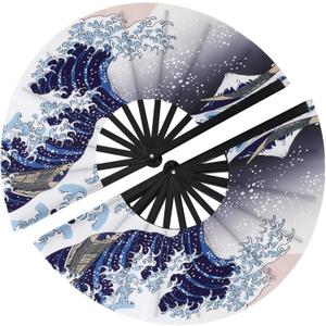Maitys 2 Pack Large Folding Rave Fans for Women Men, Nylon Hand Fans Loud Snap Sound Foldable Fan for Line Dancing Stage Performance Chinese Kung Fu Festival Dance Decor(Wave Blue,Wave Pattern)