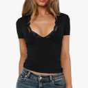 Women's Short Sleeve Sexy Lace Trim V-Neck Slim Fit Daily Basic Black Tees Spring Summer Going Out Casual Vacation Crop Tops Trendy Y2K Clothing (8638, L, Black)