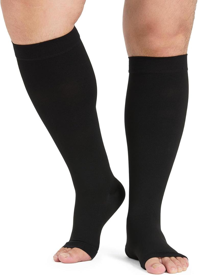 KEKING Extra Wide Calf Compression Socks for Men & Women, 20-30 mmHg Compression Stockings Open Toe - Plus Size Knee High Support Hose for Varicose Veins, Pain Relief, Swelling, Black M