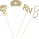 Pack of 8 Glittery Nurse Theme Centerpiece Sticks Table Toppers Medical Student Graduation Party Supply Paper Flower Picks - Gold