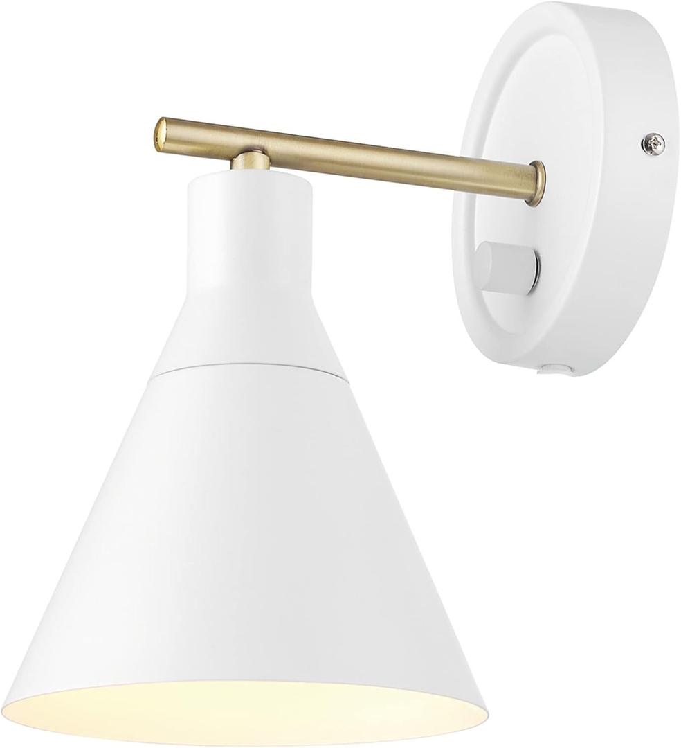 Globe Electric 65542 1-Light Plug-in or Hardwire Wall Sconce, Matte White, Brass Accent, Stepless Dimming Rotary Switch, Fabric Cord, Modern Lighting for Apartment or Renters, Home Decor