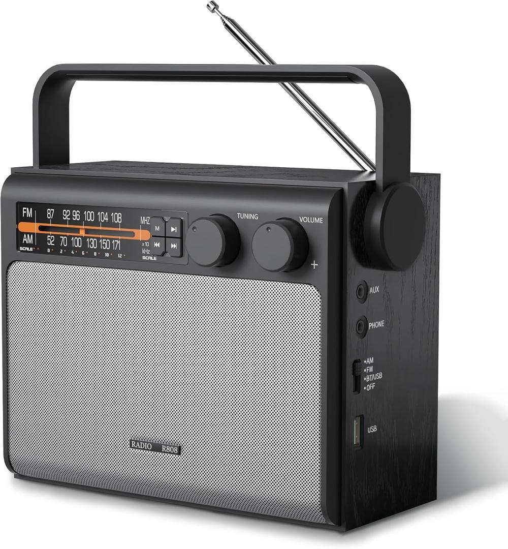 Portable AM FM Radio, Bluetooth Radio with Best Reception,Transistor Radio Plug in Wall or Battery Powered, Radio with Headphone Jack, USB, Aux in, Big Speaker, for Home Outdoor Gift (Black)