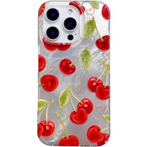 Cherry Heart Print Glitter Silver Phone Case for iPhone 16 6.1",Trendy Cute Coquette Fruit Aeshteitc Kawaii Protective Girly Pretty Bling Cover for iPhone 16 6.1in