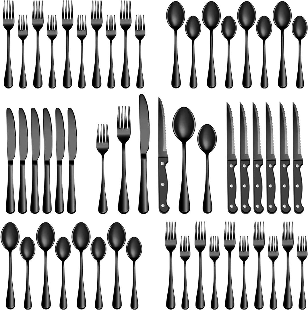 72 Pcs Black Silverware Set with Steak Knives, Stainless Steel Flatware Cutlery Set Service for 12, Kitchen Tableware Set, Utensil Set for Home and Restaurant, Knives Forks Spoon Set, Dishwasher Safe