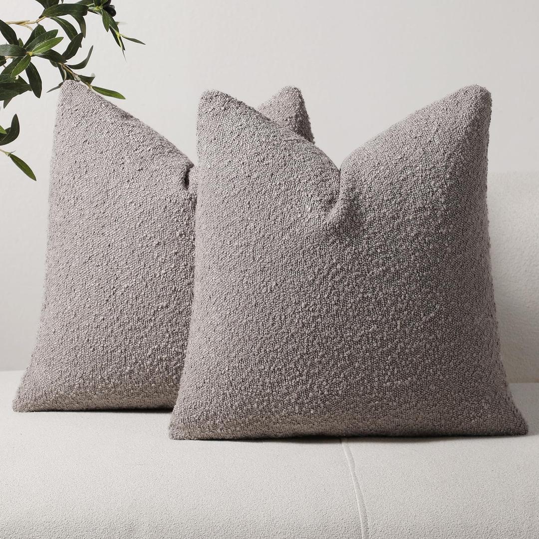 DEZENE Textured Boucle Throw Pillow Covers 18x18 Silver Grey for Bed Couch Sofa Living Room, Pack of 2 Square Cozy Accent Decorative Pillow Cases (Covers ONLY)