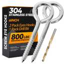 2Pcs 6 Inch Heavy Duty Screw Eyes Hooks, 304 Stainless Steel Self Tapping Eyelet Screw Eye Bolts,800LBS Breaking Strength, Screw in Eye Hooks for Wood Securing Cables Wire. (2, M10-6 Inch)