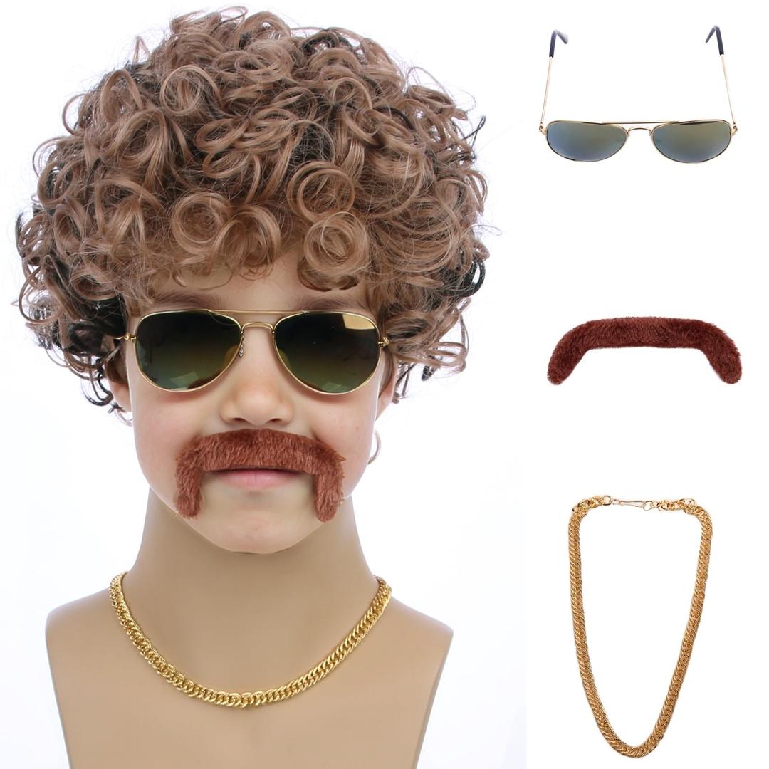 Kids Disco Blonde Mixed Brown Wig Boys Child Short Curly Blonde Brown Afro Wig 70'S Costumes Synthetic hair Wigs for Halloween Party