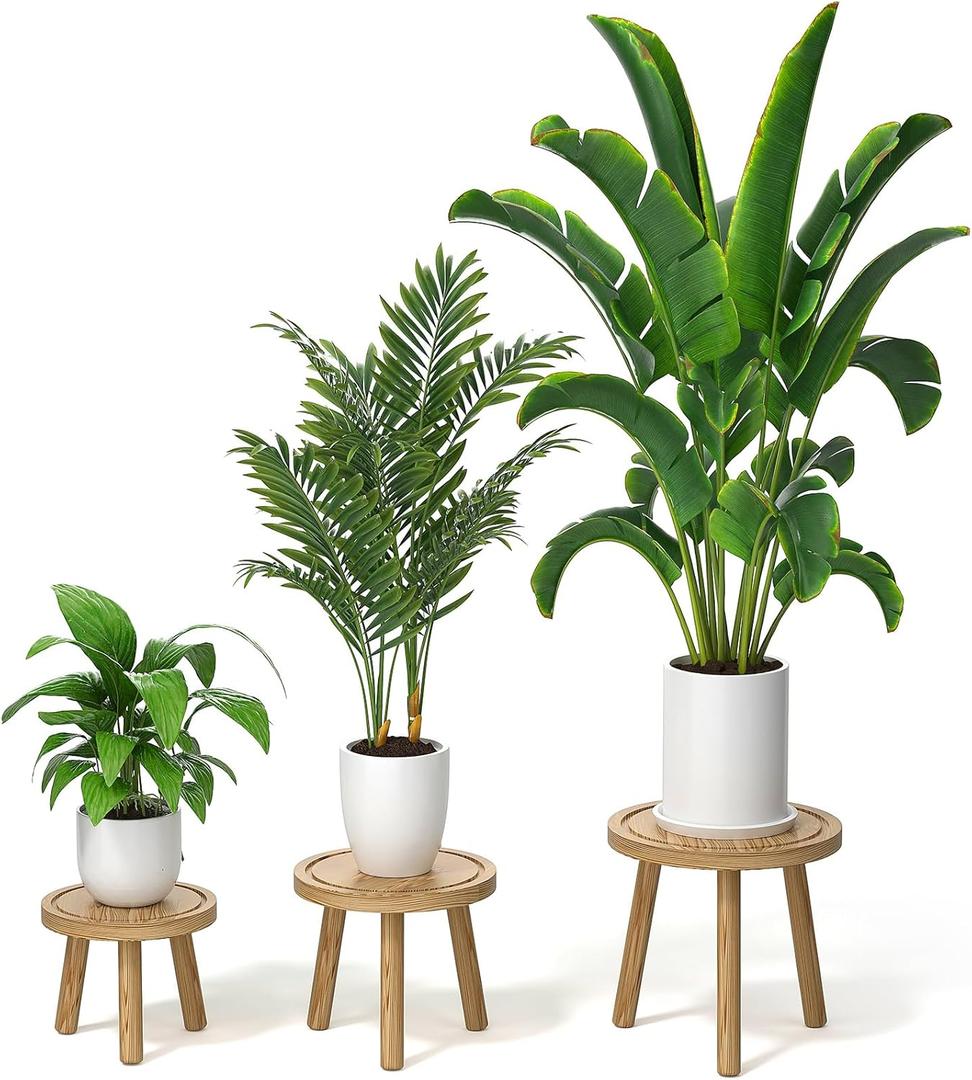 3-Pack Wood Plant Stands Indoor, Single Plant Stand for 6-12 Inch Pots, Mid-Century Modern Plant Stool, Tall Plant Stand for Large Plants for Living Room, Balcony, Office (Light Brown (light burnt color)