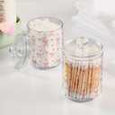 Gredecor 2 Pack Qtip Holder Clear Aesthetic Pink Ribbon Bow Apothecary Jars with Lids Acrylic Bathroom Jars Vanity Countertop Canister Storage Organizer for Cotton Ball,Swabs,Pads,Floss