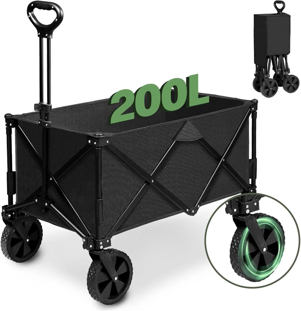 Wagons Carts Foldable, 200L Large Capacity Lounge Wagon,All Terrain Wagon Used as Beach Wagon,Grocery Cart,Garden Cart,Sports Wagon and Camping Wagon (Black)