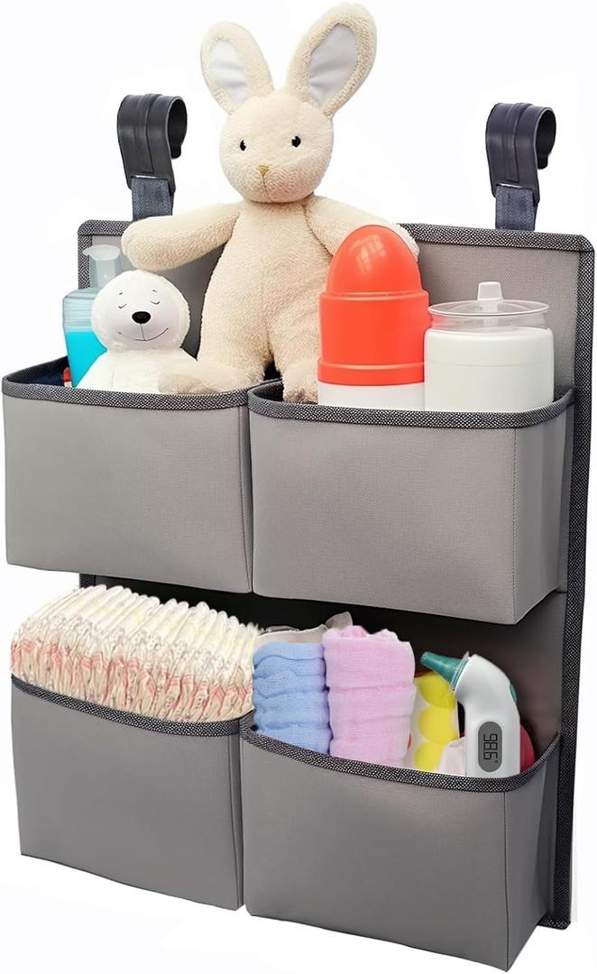 Hanging Diaper Organizer for Crib/Playpen/Bassinet  Hold 80+ Diapers - 4 Deep Pockets-H19in x L15 in Changing Table Diaper Holder - Hanging Diaper Stacker Nursery Caddy Organizer - Grey
