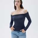 SUUKSESS Women Padded Off The Shoulder Tops Double Lined Going Out Long Sleeve Fitted Basic Fall Shirts(Navy Blue, XS)