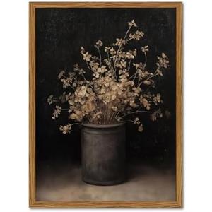 Framed Vintage Floral Wall Art, Rustic Dark Moody Flower Paintings Wall Decor, Retro Farmhouse Botanical Pictures Canvas Prints Neutral Aesthetic Home Decor for Living Room Bedroom 16x24inch