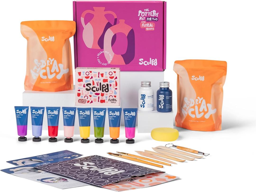 Sculpd - The Original Pottery Kit for Adults - Includes Air Dry Clay for Adults, Sculpting Tools, Varnish, Paint Brushes, Guides, Couples Date Night Arts & Crafts Set, Gloss Varnish with Floral Tones