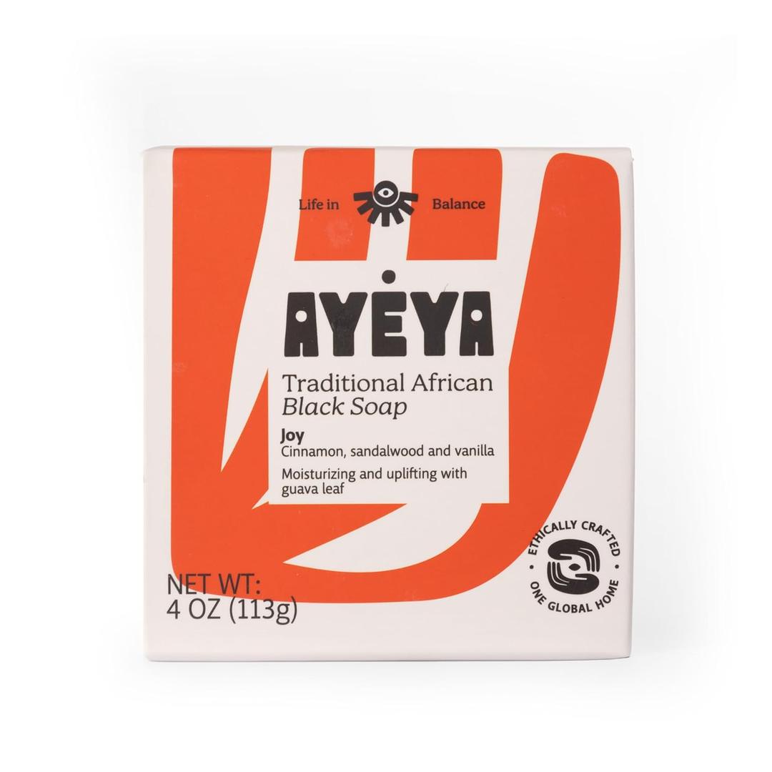 AYYA African Black Soap Bar  Joy  Cinnamon, Sandalwood & Vanilla  Warm Scented African Soap for Face & Body  Raw Shea Butter Bar for Dry Skin & Dark Spots (4 Ounce (Pack of 1))