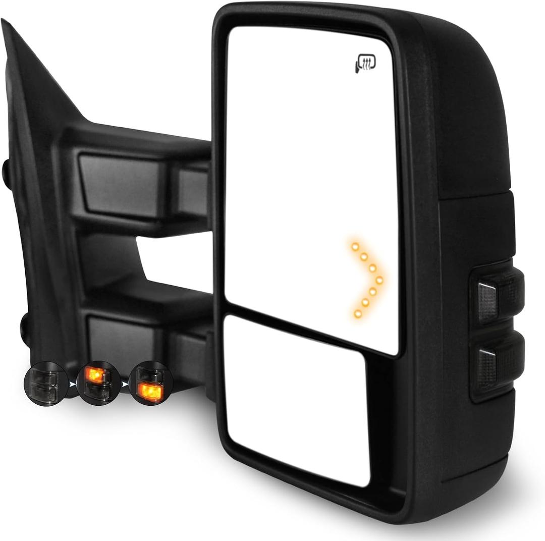 Towing Mirrors Fit for 1999-2016 Ford F250 F350 F450 F550 Super Duty Side Mirrors Power Adjustable Heated glass with Smoked Turn Signal Light Manual Folding Black RH
