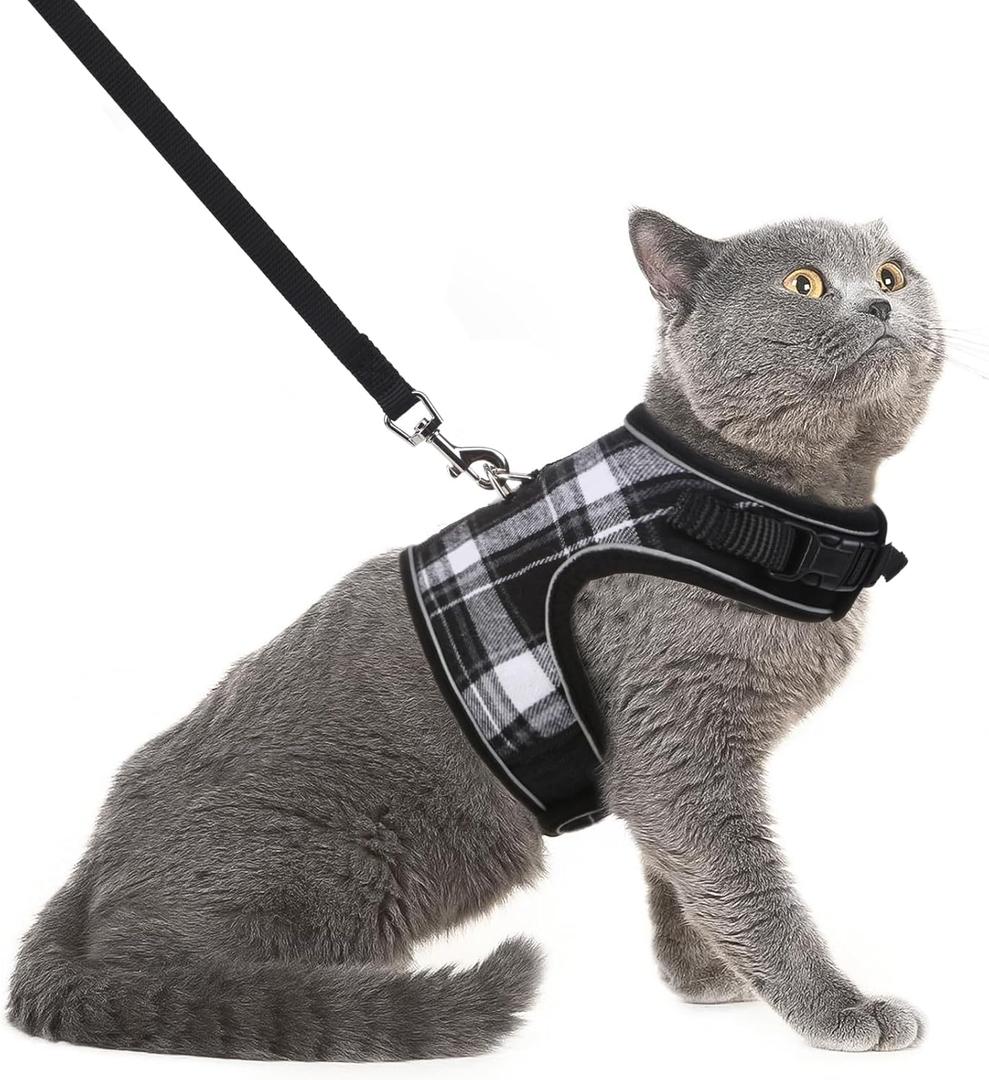 PUPTECK Soft Mesh Cat Vest Harness and Leash Set Puppy Padded Pet Harnesses Escape Proof for Cats Small Dogs Rabbits Bunny, Plaid Black, XL (XL(NECK 10.5"-13", CHEST 14"-17", 10-17 lbs))