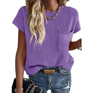 Imily Bela Summer Fall Short Sleeve Sweater for Women 2026 Crew Neck Ribbed Knit Vests Trendy Pullover Tops (Purple, M)