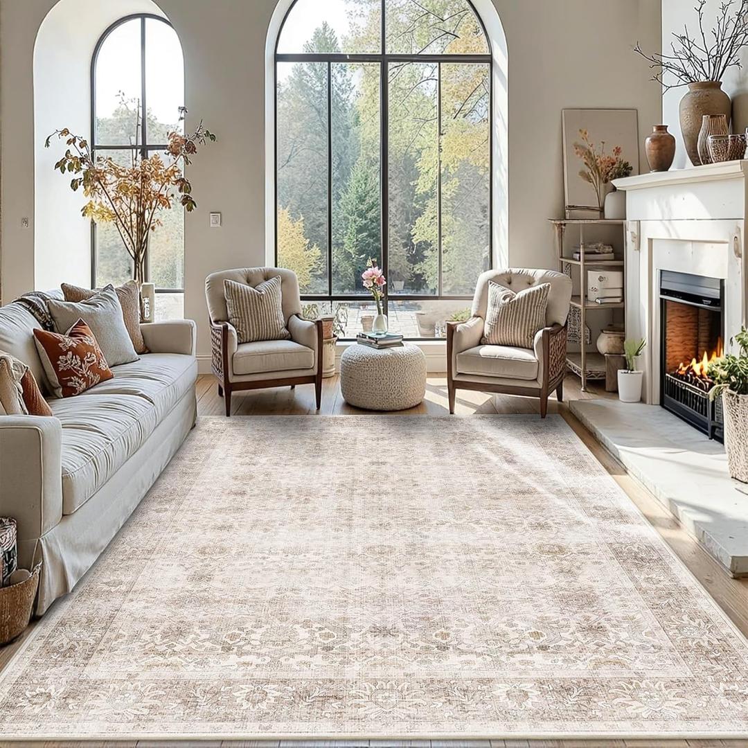 8x10 Beige Washable Area Rug Vintage Rug for Living Room Bedroom Low Pile Soft Non-Slip Boho Neutral Floral Rug for Under Table Distressed Retro Carpet for Bedroom Office Dining Room