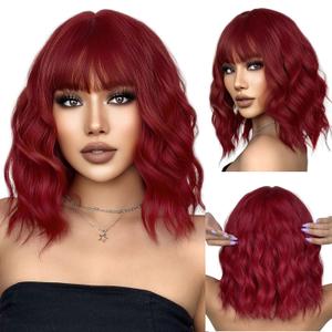 incohair Wine Red Wig with Bangs Women Girls Short Curly Wavy Bob Wig Shoulder Synthetic Halloween Party Wigs Wig Cap Included