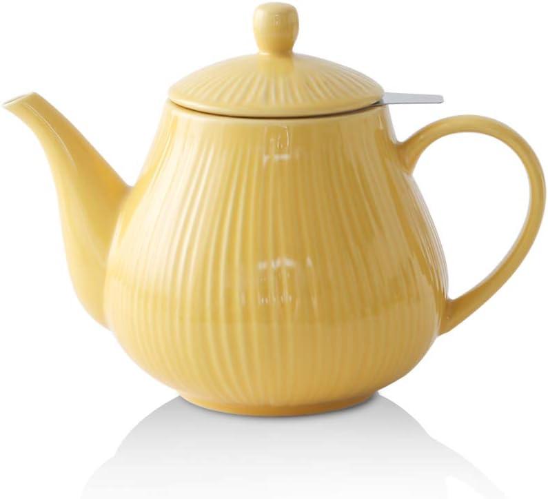 Ceramic Teapot with Infuser, 40 ounce Tea Pot with Infuser for Loose Tea, Large Enough For 6 Cups, Striped Series (Lemon)