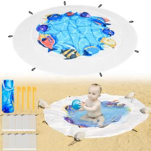 Dia 6.5Ft Baby Beach Pool, 2 in 1 Portable Round Kids Beach Play Pool Puddle Toddler Beach Blanket and Kiddie Pools Blue Cartoon Childs Sand Pit Paddling Pools with Water Bag for Boy Girl Outdoors
