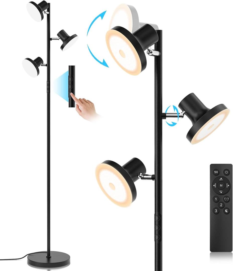 36W LED Tree Floor Lamp, Modern Dimmable Standing Lamp with Remote & Touch Control, 4 Color Temperatures, 3 Rotatable LED Light Floor Lamps for Living Room, Bedroom, Office (Black)