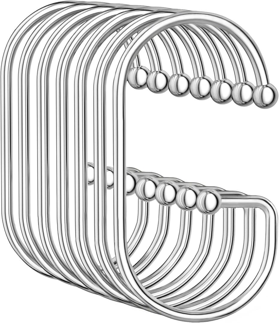 OEH Shower Curtain Hooks, 12 Pcs Shower Curtain Rings, Durable G Shape Silver Shower Curtain Hooks Rust Proof, Simple Shower Rings for Curtain, Glide Smoothly Shower Hooks for Shower Curtain, Chrome