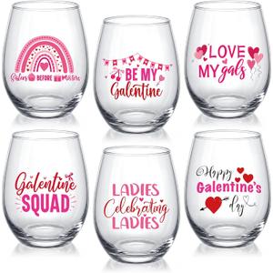 6 Pcs Galentine's Day Wine Glasses 12 oz Pink Heart Wine Glass Stemless Valentine's Day Cups Gifts Bulk for Women Friends Ladies Girls Night Galentine's Party Favors Decorations (Stylish)