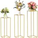 chamvis Gold Metal Plant Stand, 3 Pcs Tall Cylinder Pedestal Stands for Parties and Weddings, Gold Square Cylinder Tables for Living Room and Patio Decor