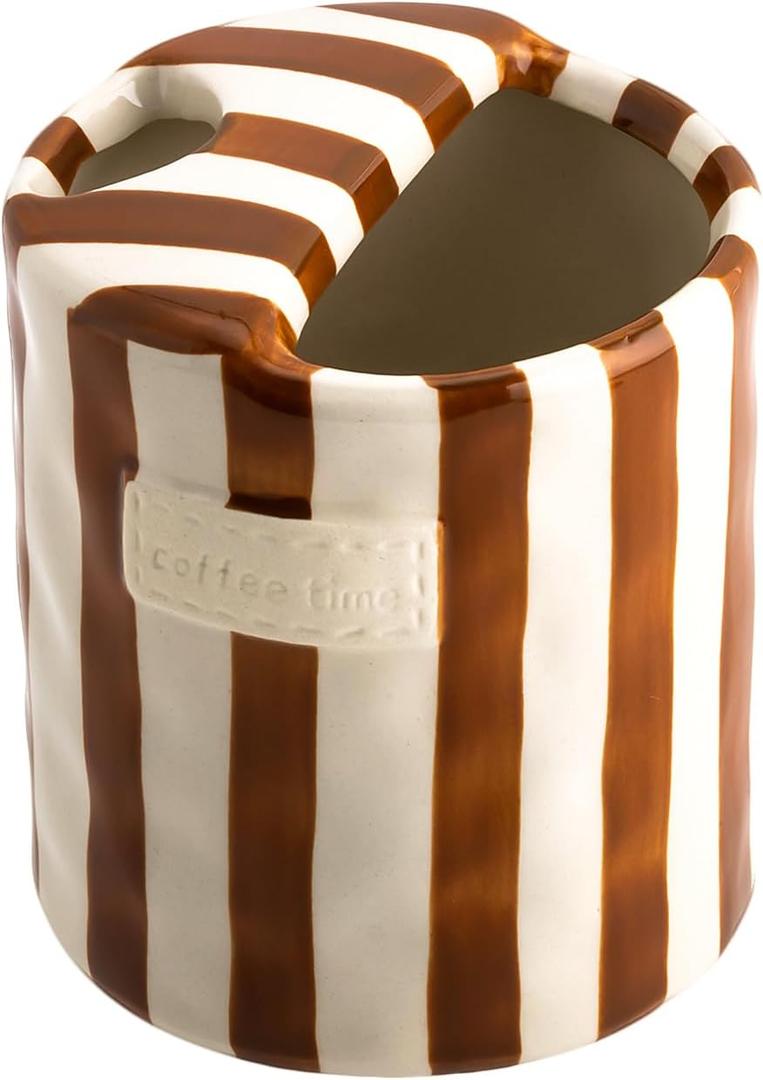 Ceramic Coffee Mug with Sip Hole, 10 oz Ceramic Coffee Travel Mug, Retro Hand-Painted Striped, with Wide Mouth and Sip Hole, Heat-Resistant, Ideal for Home and Office, Brown
