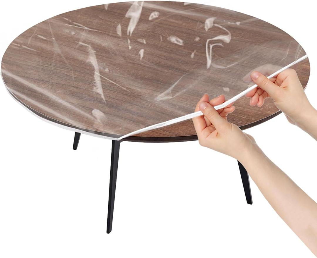 Klmnop Clear Round Fitted Vinyl Tablecloth, Fits 48 Inch Round Table, Elastic Edged Plastic Tablecloth, Waterproof Oil-Proof Table Cover(Clear)