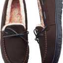 VLLy Mens Moccasin Slippers with Memory Foam Arch Support, Non Slip Rubber Sole House Shoes for Men Machine Washable Warm Fleece Lined Indoor Outdoor Home Shoes (12, Darkbrown)