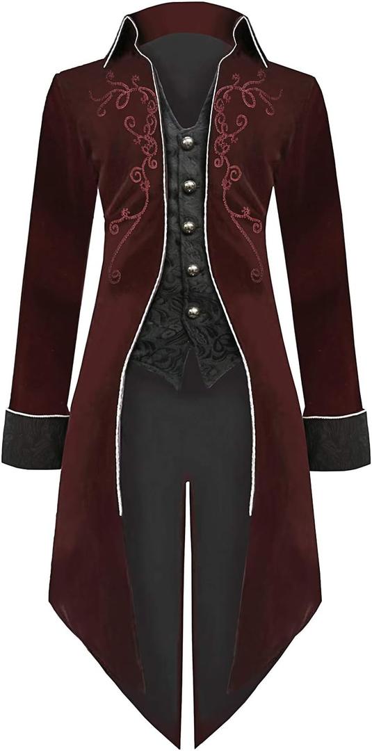 Medieval Steampunk Tailcoat Halloween Costumes for Men, Renaissance Pirate Vampire Gothic Jackets Vintage Warlock Frock Coat (Medium, Red)