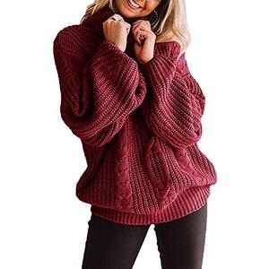 Womens Chunky Turtleneck Sweaters Plus Size Long Sleeve Cable Knit Casual Loose Jumper Tops Burgundy, XXL