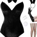 Angelaicos Womens Bunny Costume Set Senpai Cosplay Halloween Roleplay Bodysuit Stockings (Medium, Velvet-Black)