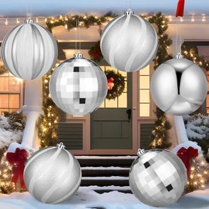 Tigeen 4 Pcs 6'' Large Silver Christmas Ball Ornaments Extra Large Christmas Hanging Ornaments 150mm Glitter Winter Vintage Mercury Balls for Xmas Tree Party Decoration(Classic Style)