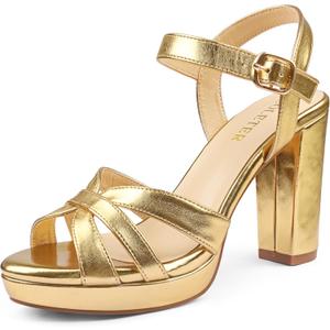 COLETER Women's Platform Chunky Heels Ankle Strap Block Heeled Sandals Party Wedding Shoes (7, Gold)