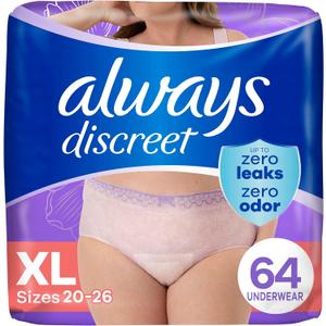 Always Discreet Adult Incontinence Underwear for Women and Postpartum Underwear, XL, Up to 100% Bladder Leak Protection, 64 Count (Packaging May Vary)