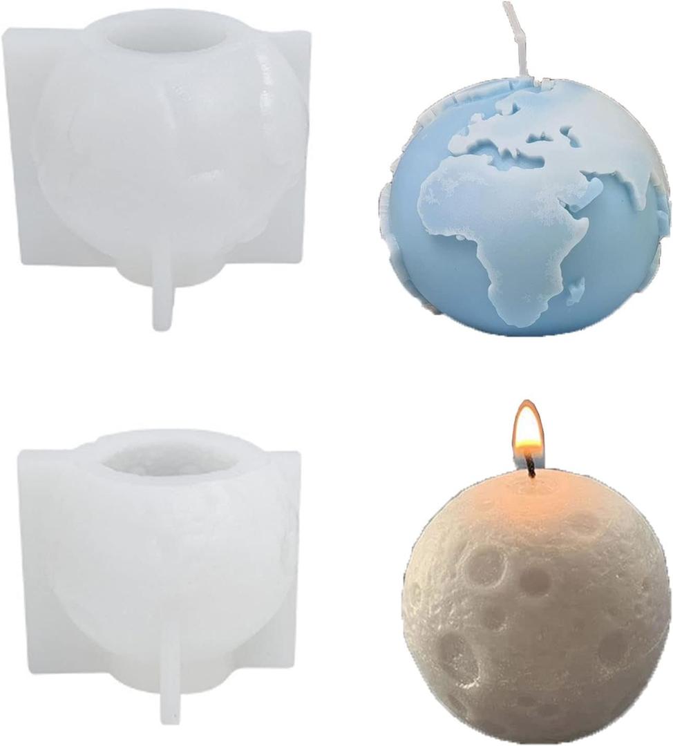Earth&Moon Candle Molds for Candle Making, 3D Globe Shaped Epoxy Resin Mold Exterior of Earth Model Aromatherapy Mold, DIY Silicone Scented Candle Molds Soap Molds Desktop Ornaments