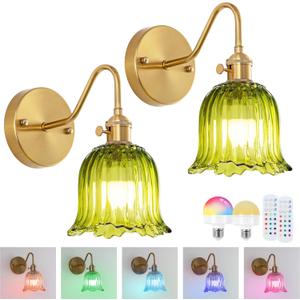 Vintage Battery Operated Wall Sconces Set of Two, RGB Dimmable LED Wall Light with Remote Control, Green Glass Lampshade Wall lamp with 15 Colors for Bedroom, Living Room, Home Decor