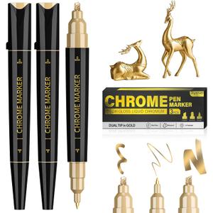 3 Pack Dual Tip Liquid Gold Chrome Markers, Permanent Shiny Gold Marker Pen for Most Surfaces, Golden Metallic High-gloss for Model Repairing, Painting, Marking or DIY Art Project