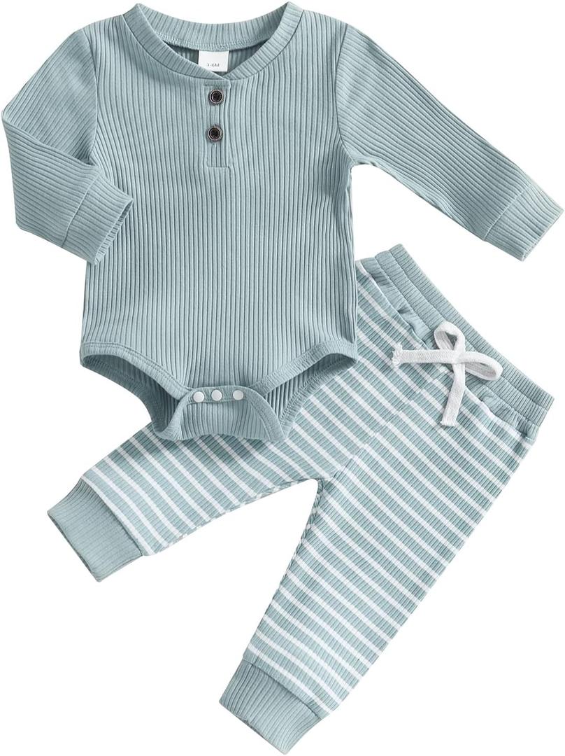 Newborn Baby Boy Girl Clothes Ribbed Knitted Long Sleeve Romper Pants Solid Cotton Infant Fall Winter Outfits 2Pcs (6-9 Months, Blue)