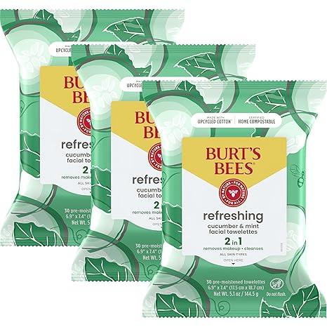 Burt's Bees Stocking Stuffers, Cucumber & Mint Face Wipes, for All Skin Types, Refreshing Makeup Remover & Facial Cleansing Towelettes, Skin Care Christmas Gifts, 30 Ct. (3Pack)