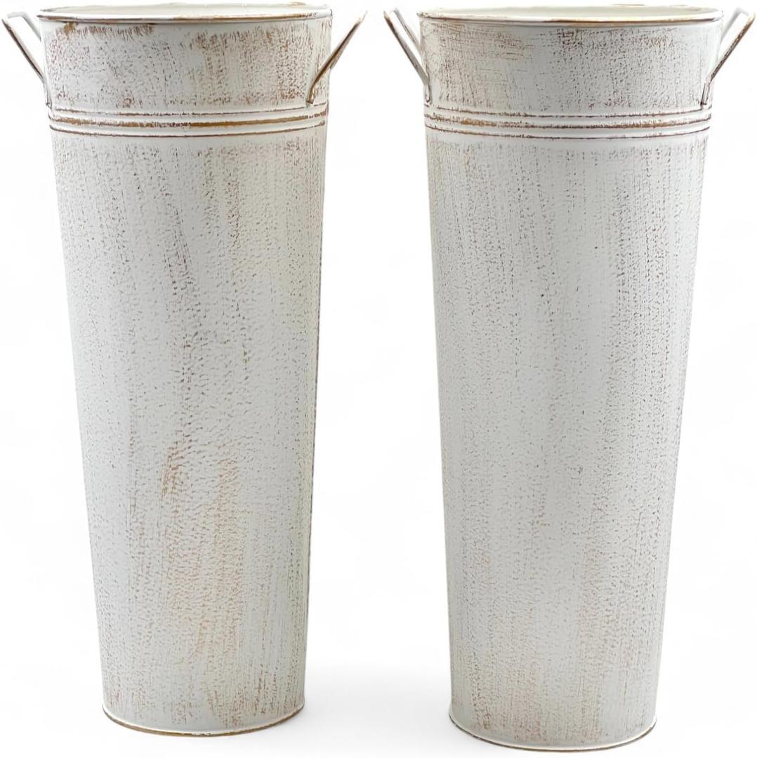 Hosley Set of 2 White Metal French Bucket with Handles & PVC Liner, 6" Dia x 15" H for Weddings, Parties, Country Picnics, Floral Arrangements, Tableware Storage, or Gardens - Rustic Farmhouse Dcor